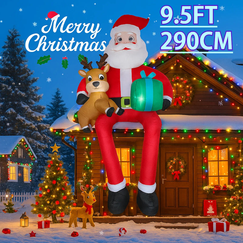 Père Noël gonflable géant 2,9 m avec renne, cadeau et LED