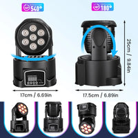 Mini lyre LED wash 7 LED RGBW – dimensions et rotation de la tête, 540° en panoramique et 180° en inclinaison