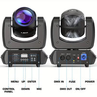 Paire de lyres LED 120 W – faces avant et arrière avec afficheur, boutons et connecteurs DMX