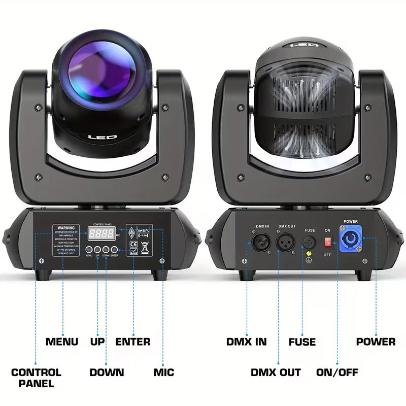 Paire de lyres LED 120 W – faces avant et arrière avec afficheur, boutons et connecteurs DMX