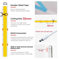 Ruban LED à pile COB à détecteur de mouvement – adhésif double face, découpe tous les 30 mm et prise DC5V