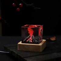 Lampe volcan ou champignon atomique en résine LED – cube à volcan en éruption sur socle en bois
