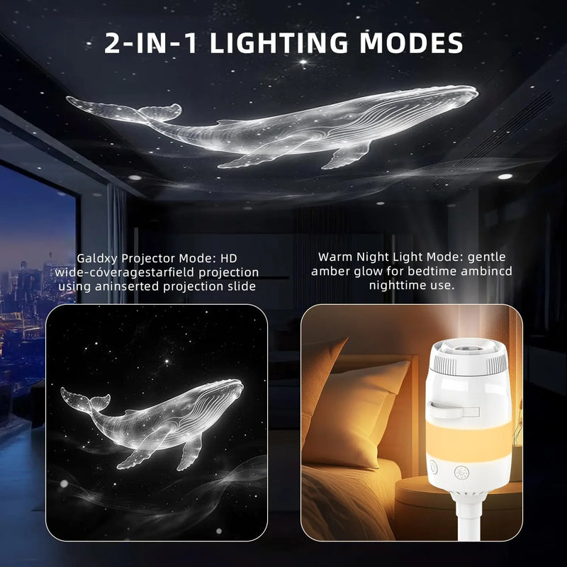 Projecteur ciel étoilé HD – deux modes en un : projection d'une baleine et veilleuse chaude