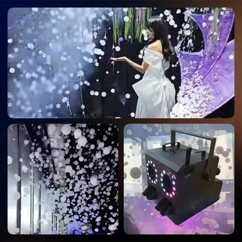 Machine à bulles et fumée IP65 – mariée au milieu des bulles et machine allumée en violet