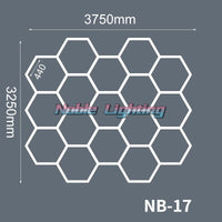 Plafonnier LED hexagonal – schéma du format 17 hexagones, 375 x 325 cm