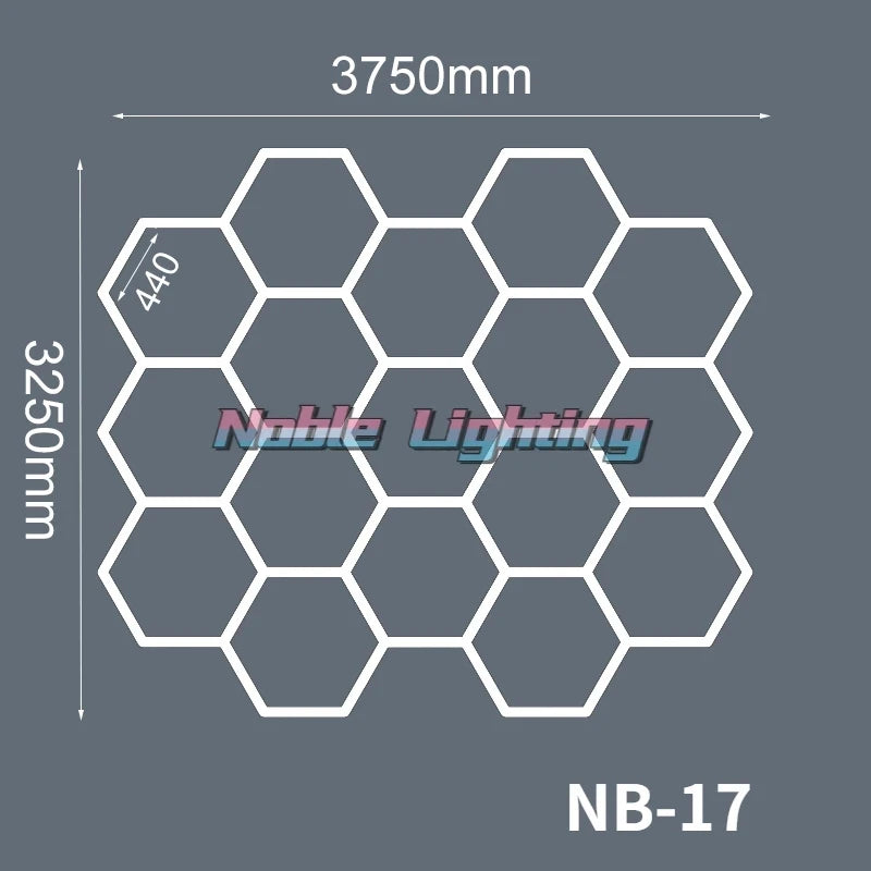 Plafonnier LED hexagonal – schéma du format 17 hexagones, 375 x 325 cm