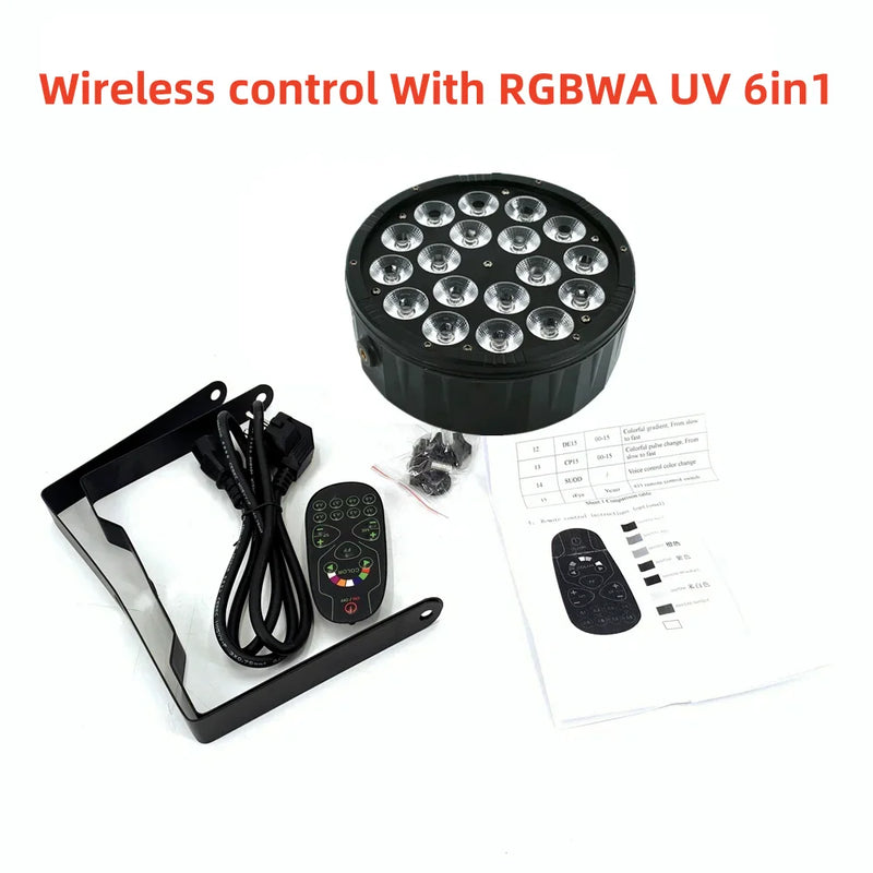 PAR LED plat 18 LED – 1 projecteur RGBWA UV 6 en 1 avec télécommande
