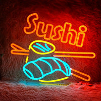 Enseigne néon sushi – modèle sushi et baguettes orange