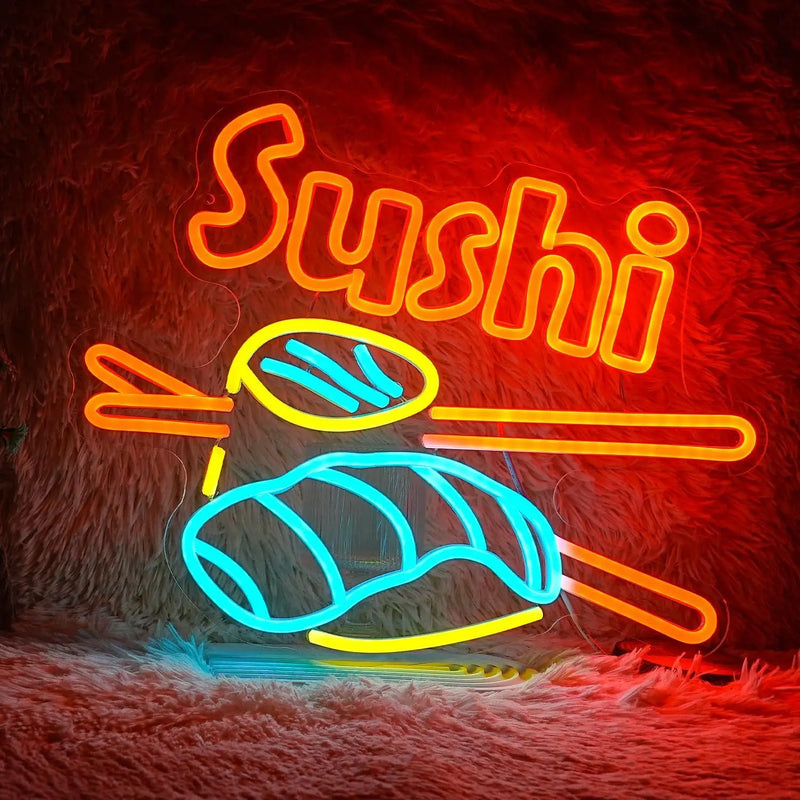 Enseigne néon sushi – modèle sushi et baguettes orange