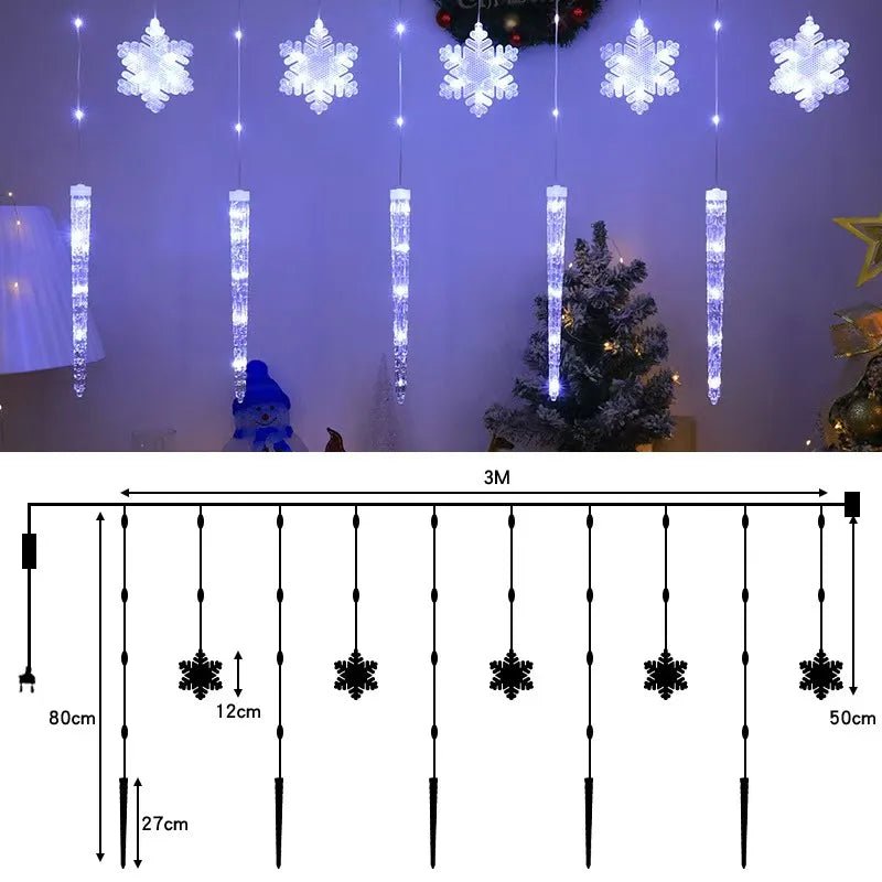 Rideau lumineux flocons et glaçons de Noël – schéma des dimensions, version blanc froid
