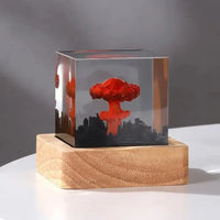 Lampe volcan ou champignon atomique en résine LED – cube à champignon atomique sur socle en bois