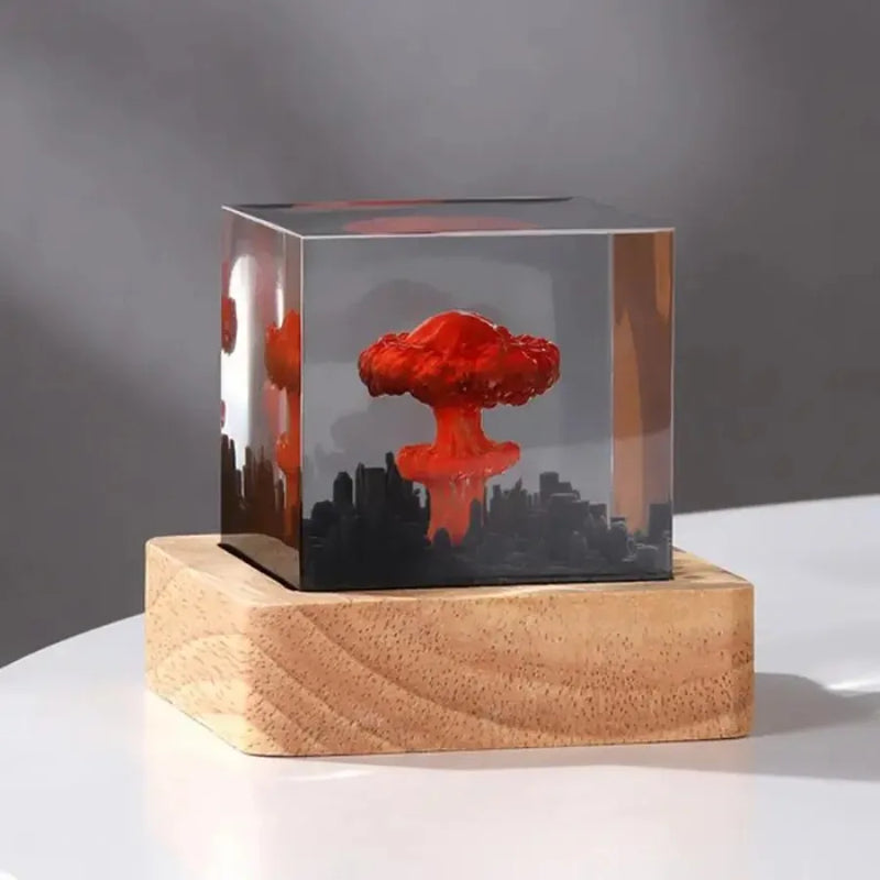 Lampe volcan ou champignon atomique en résine LED – cube à champignon atomique sur socle en bois