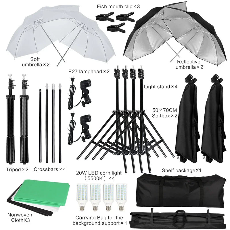 Kit studio photo à la pièce : 4 kits softbox et 4 cadres de fond de 2,4 x 4 m, 12 articles