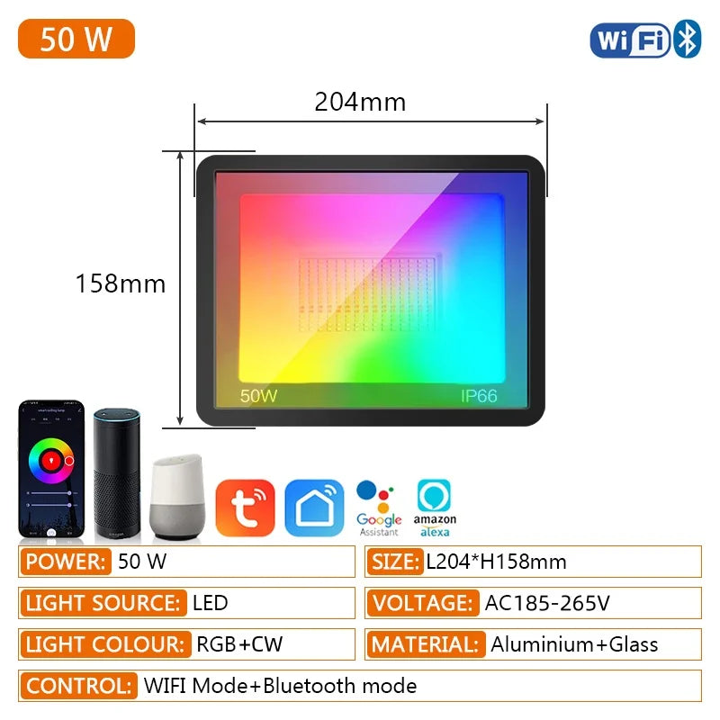Projecteur LED extérieur connecté Wi-Fi, RGB et blanc, 30 à 100 W