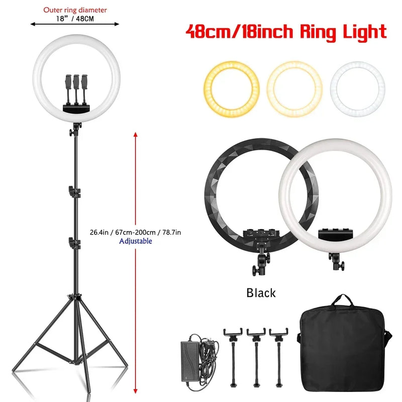 Ring light LED 45-48 cm, trépied au choix, 3 supports téléphone