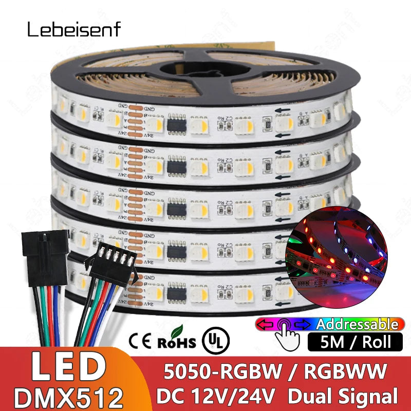 Ruban LED adressable DMX512 – bobine de 5 m de ruban RGBW ou RGBWW 12 V ou 24 V