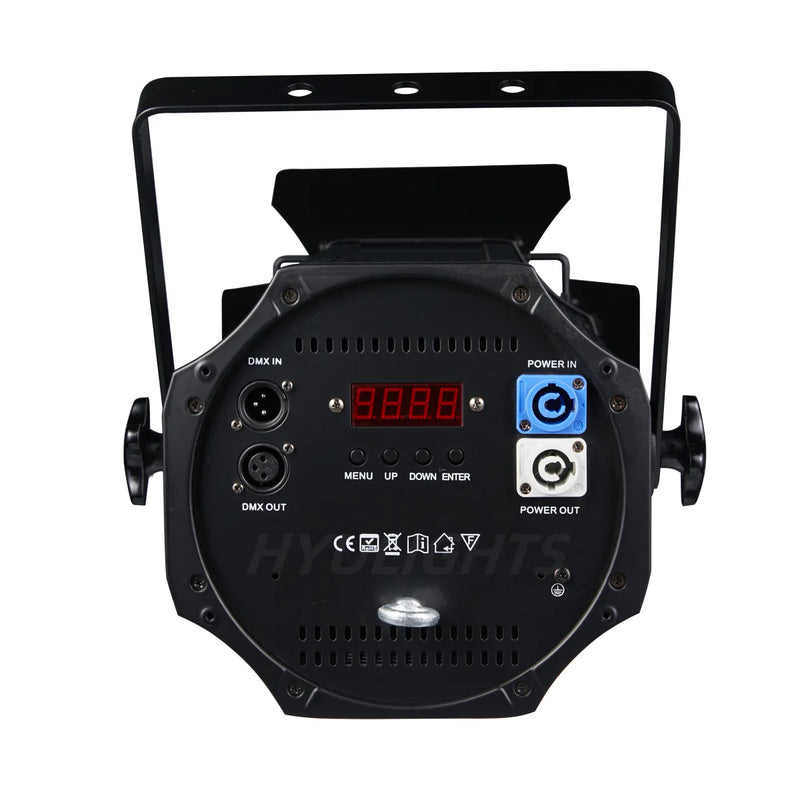 Projecteur PAR LED COB à zoom – afficheur, touches et prises DMX et alimentation