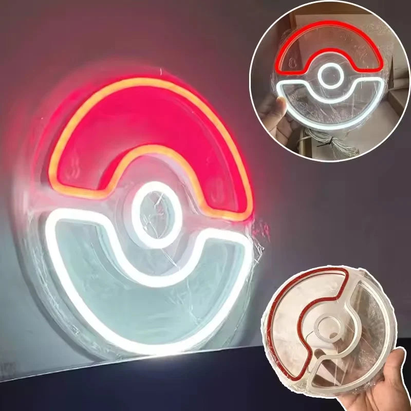 Néon Pokéball – enseigne allumée, tubes rouge et blanc, vue de face
