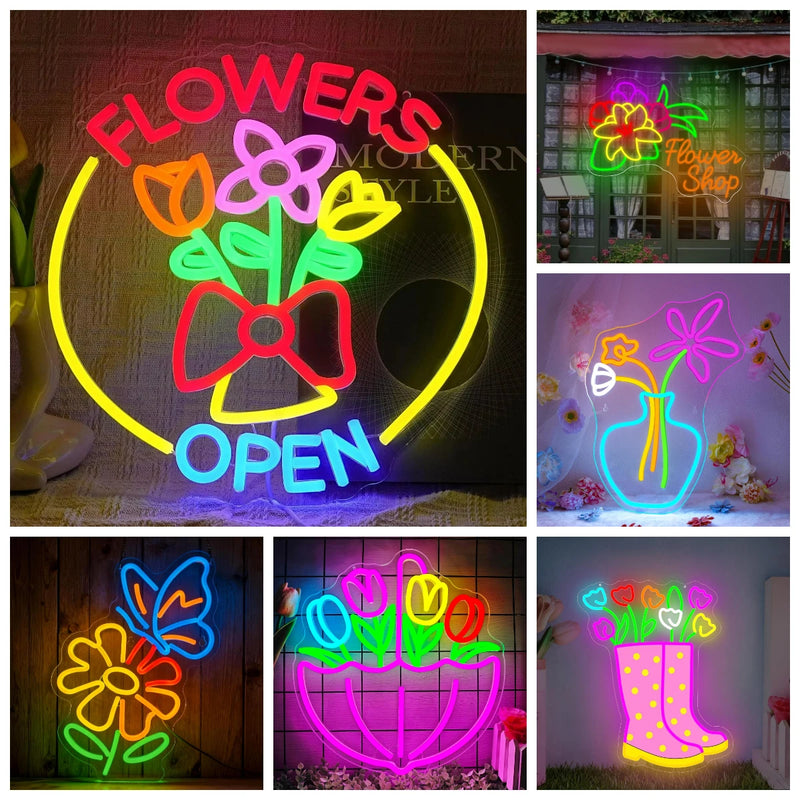 Enseigne néon fleuriste FLOWERS OPEN – planche de plusieurs modèles de néons à fleurs