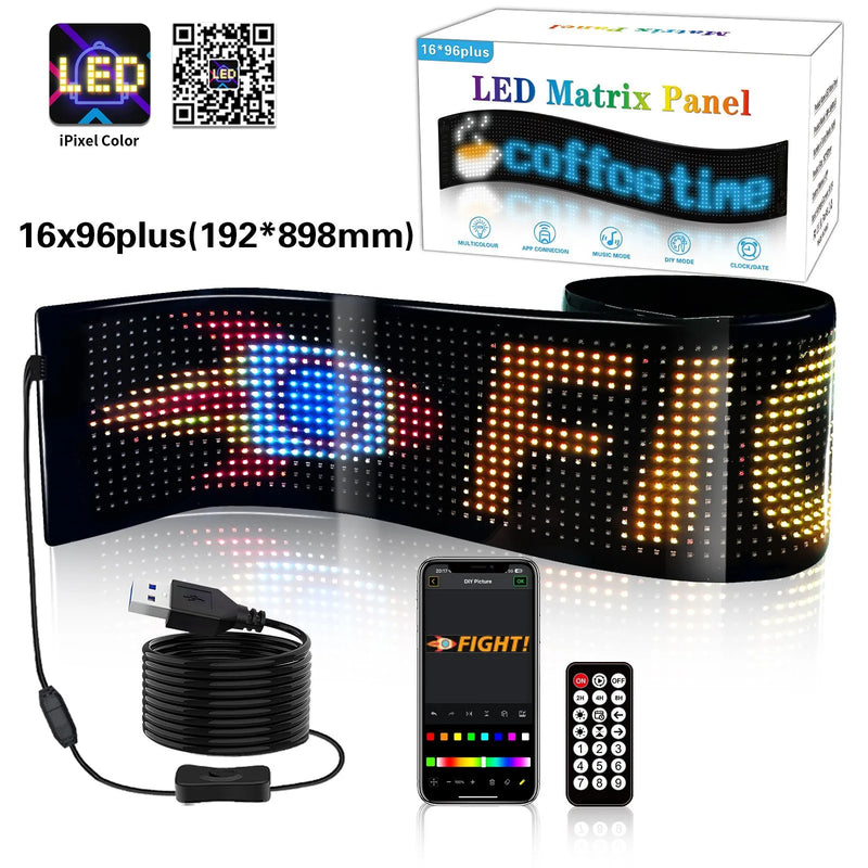 Panneau LED flexible programmable RGB de 27 à 176 cm, Bluetooth, USB