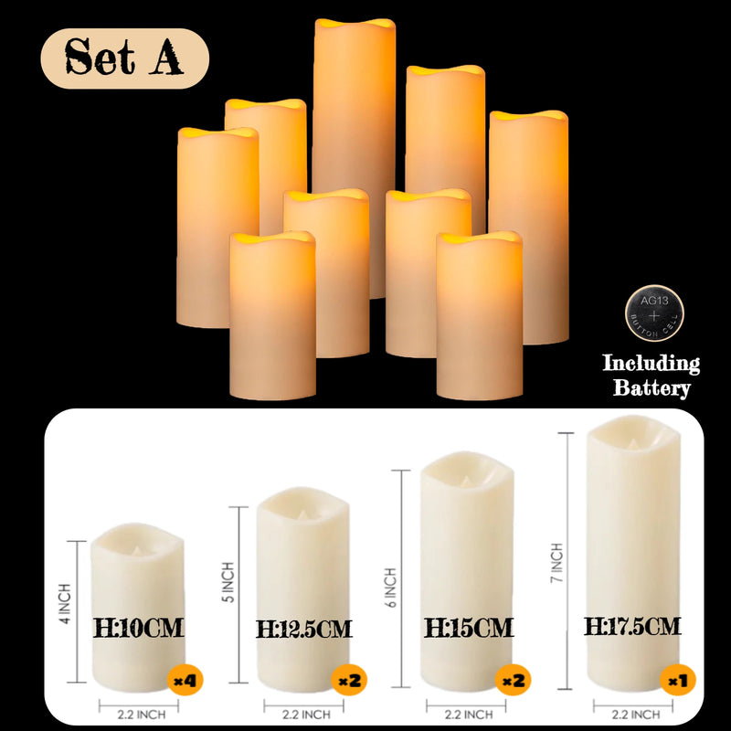 Bougies colonnes LED flamme vacillante, piles incluses, lot de 9 à 120