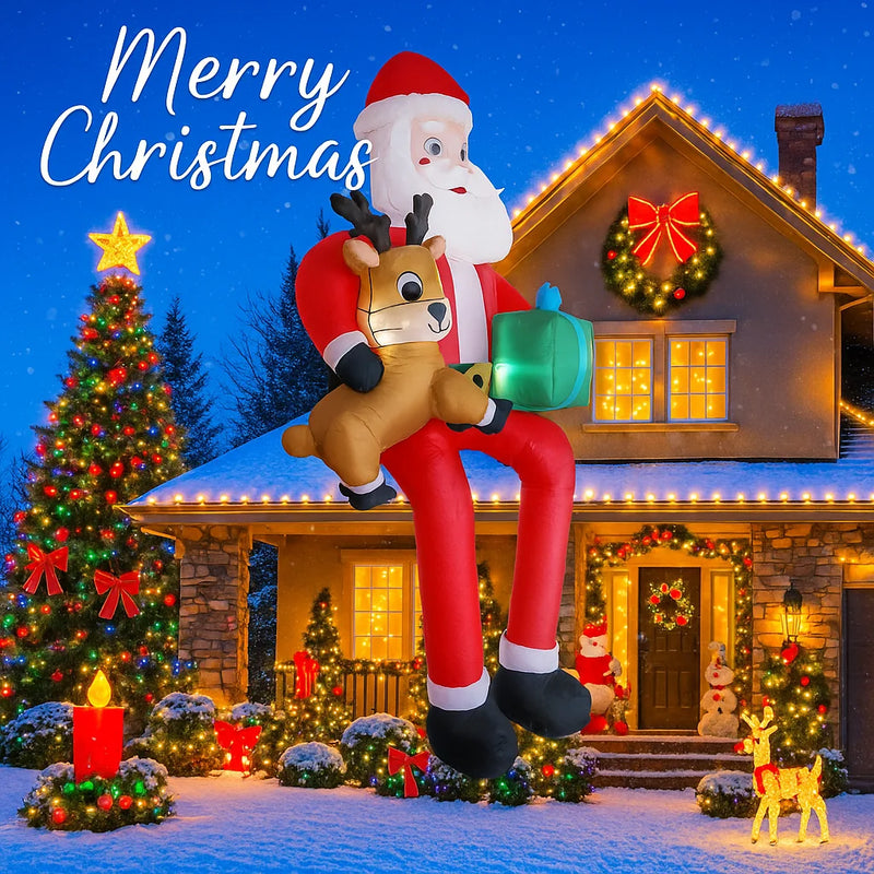 Père Noël gonflable géant 2,9 m avec renne, cadeau et LED