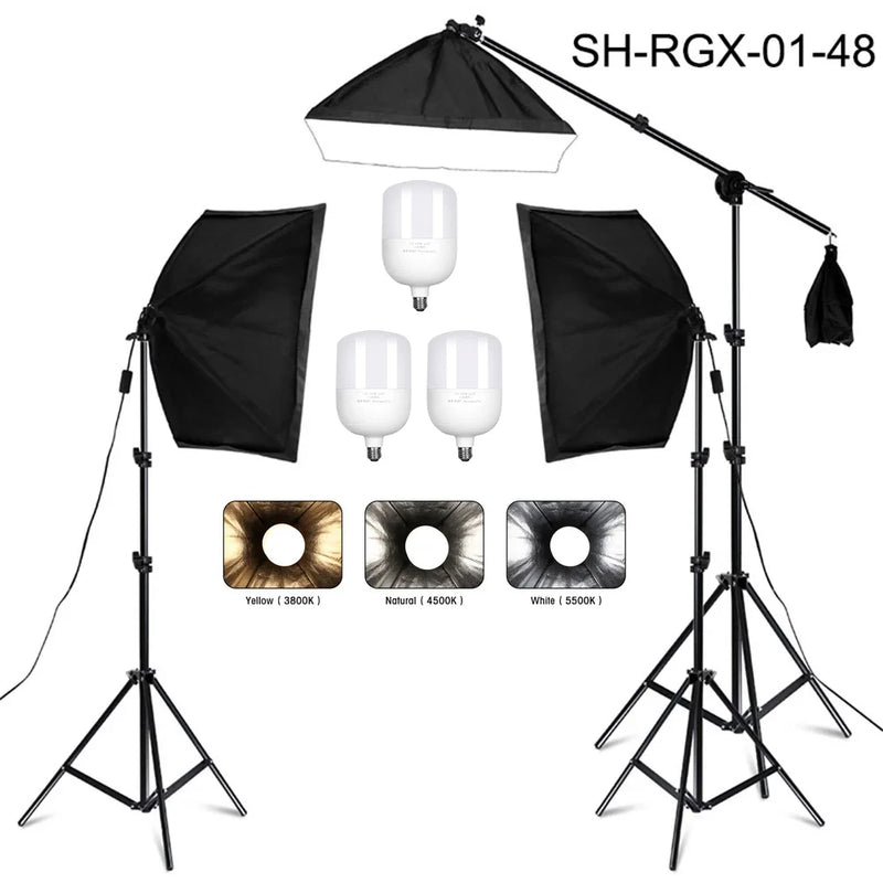 Kit éclairage continu softbox 50x70 cm – kit à 3 softbox sur perche avec 3 ampoules à 3 teintes