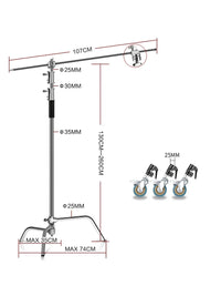 Pied C-stand inox – dimensions du pied avec ses trois roulettes