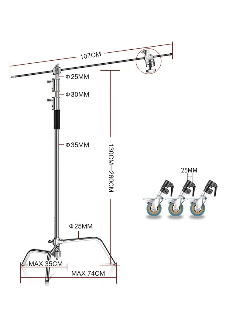 Pied C-stand inox – dimensions du pied avec ses trois roulettes