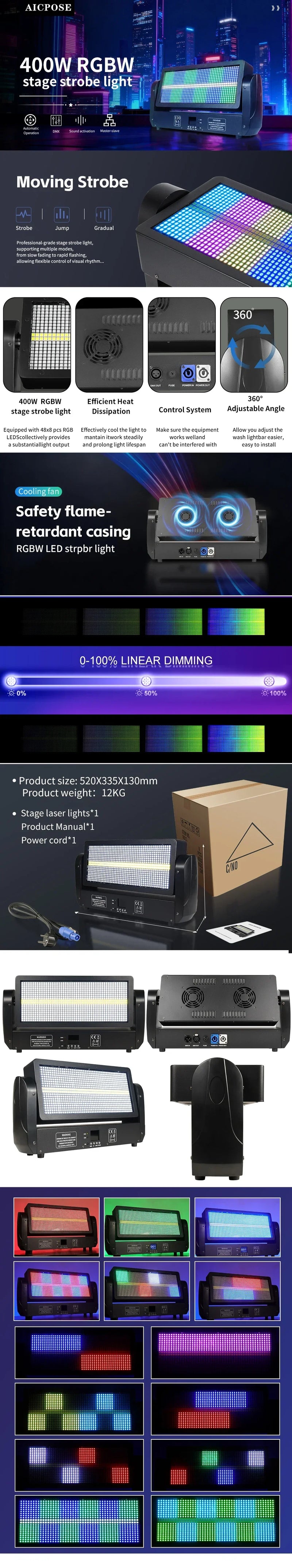 Stroboscope LED à tête mobile – effets, connectique et vues de détail