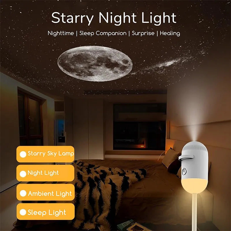 Projecteur ciel étoilé rotatif – veilleuse chaude au chevet et Lune projetée au plafond, modes de la lampe