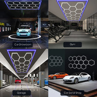 Plafonnier LED 14 hexagones à cadre bleu – usages en showroom, salle de sport, garage et détailing