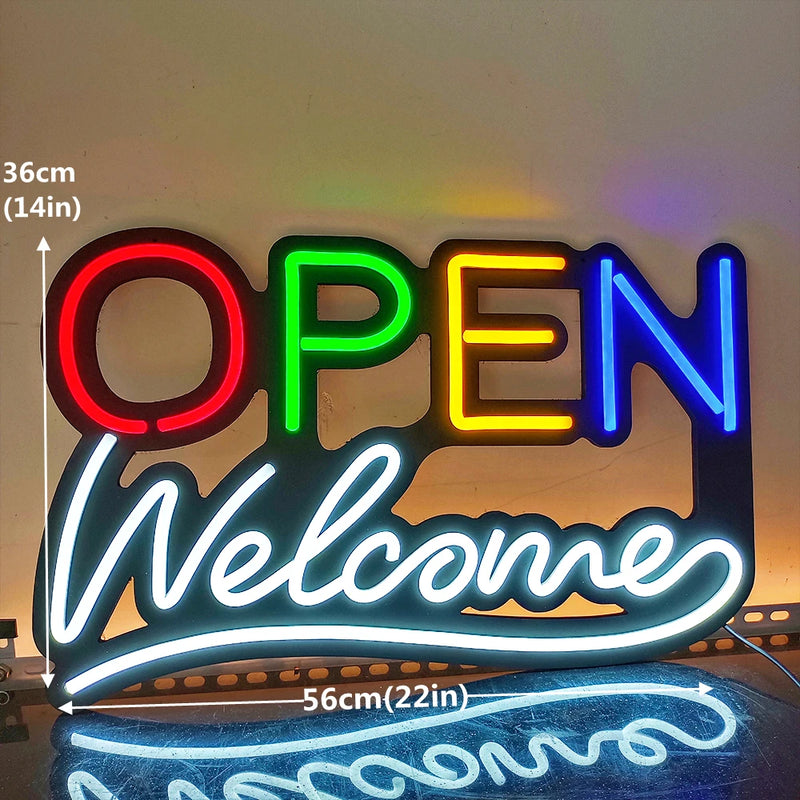 Panneau lumineux OPEN – modèle OPEN multicolore avec Welcome, 56 x 36 cm