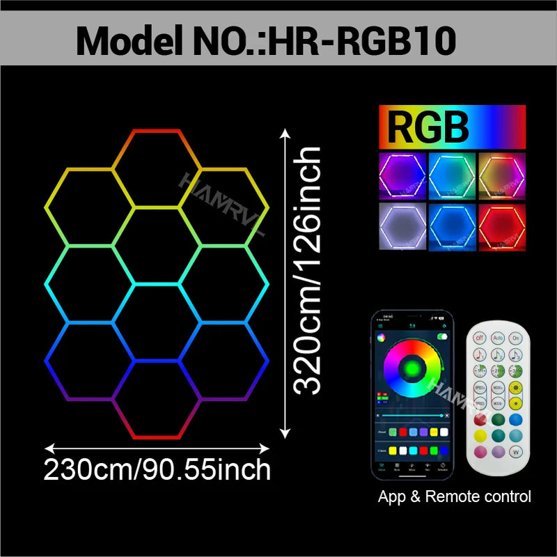 Éclairage LED hexagonal RGB pour garage, de 1 à 11 hexagones, application et télécommande