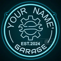 Néon garage personnalisé avec votre nom, engrenage, rond 29 cm, USB