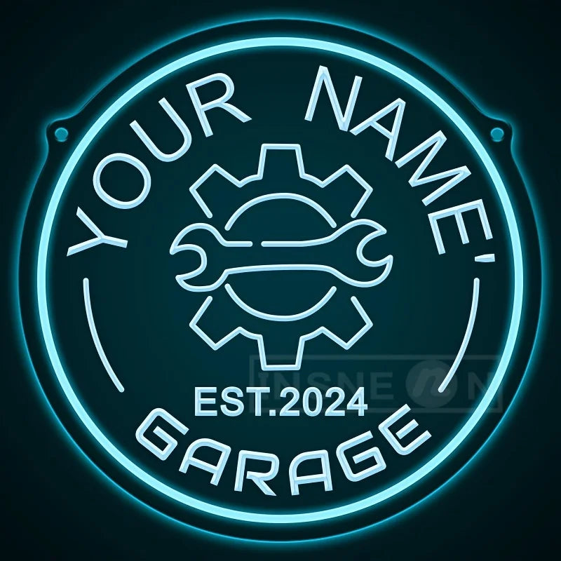 Néon garage personnalisé avec votre nom, engrenage, rond 29 cm, USB