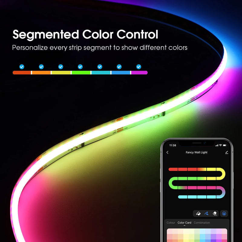 Ruban LED RGBIC COB connecté Wi-Fi – commande par segments de couleur depuis l'application