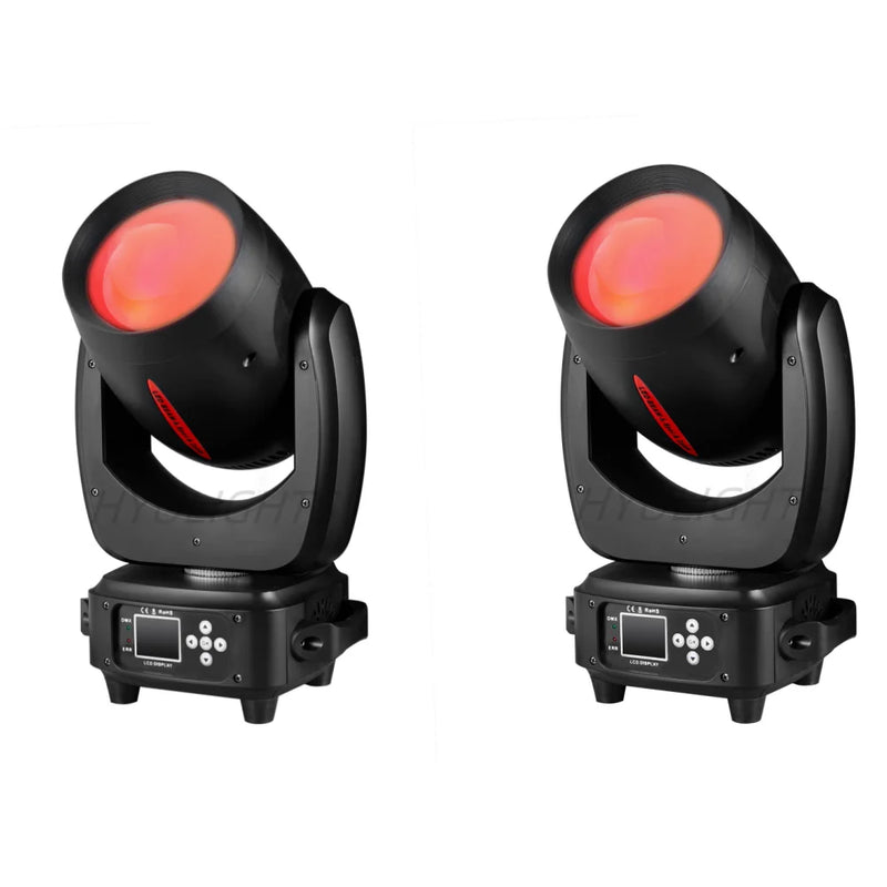 Lot de 2 lyres LED beam 200 W, zoom de 1,5° à 15°, 14 gobos, prisme, DMX 14 canaux