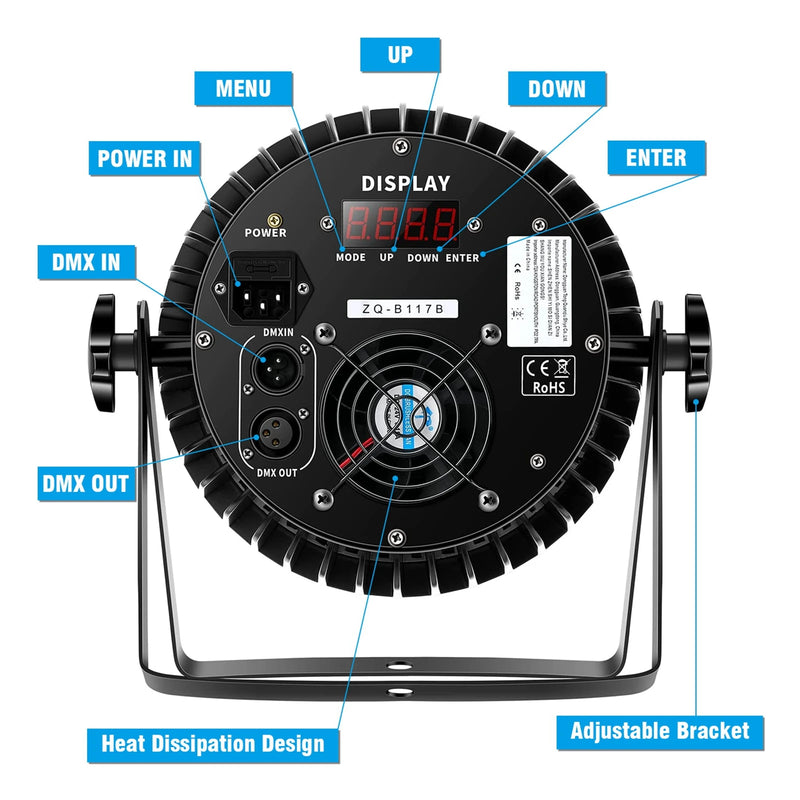 Projecteur PAR LED RGBW 200 W – face arrière avec entrée et sortie DMX, afficheur et ventilateur