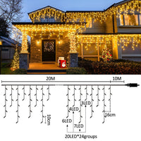Guirlande stalactite LED – façade décorée et schéma des stalactites de 20 m et de 10 m