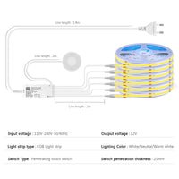 Ruban LED COB 12 V à capteur tactile – schéma du boîtier, des câbles et des caractéristiques