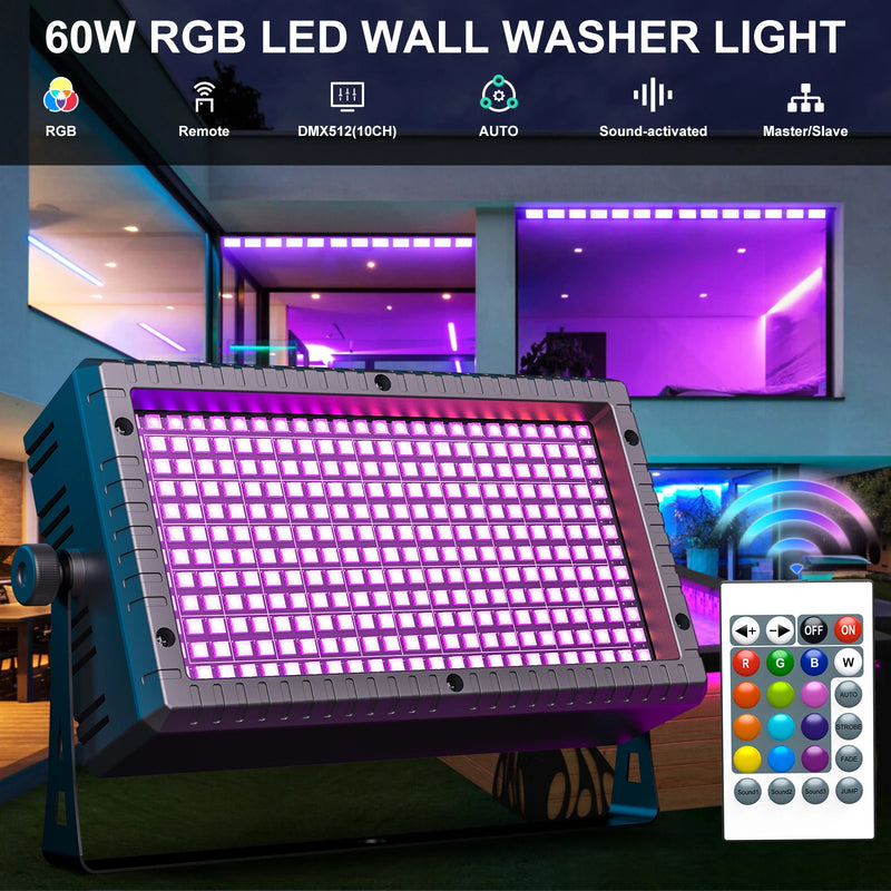 Projecteur mural LED RGB 288 LED, DMX 10 canaux, télécommande, 60 W