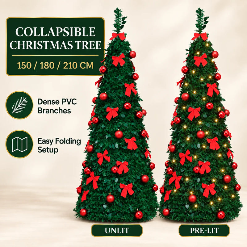 Sapin de Noël pliant pré-décoré en rouge, 150, 180 ou 210 cm, avec ou sans guirlande LED USB