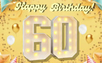Chiffre lumineux géant – nombre 60 sur un fond Happy Birthday