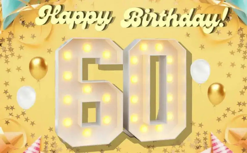 Chiffre lumineux géant – nombre 60 sur un fond Happy Birthday