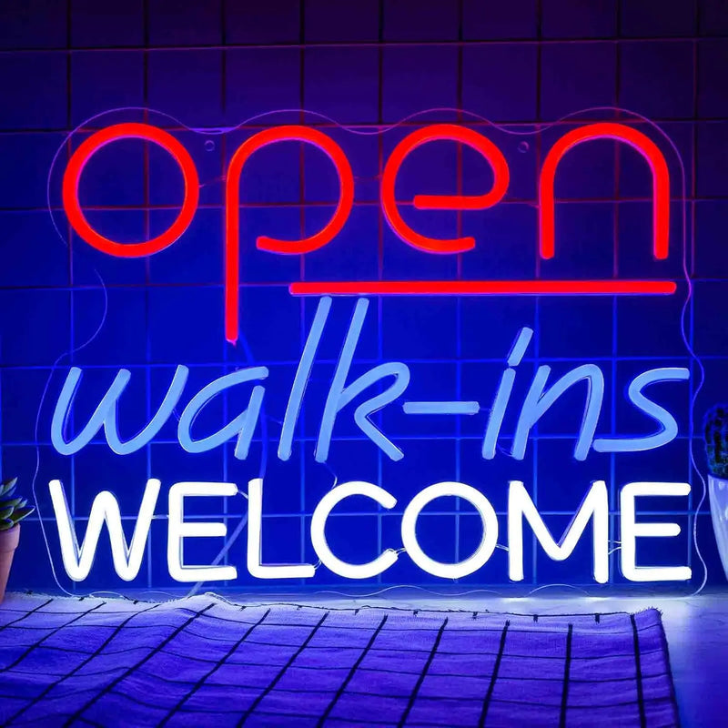 Enseigne néon Open Walk-Ins Welcome – modèle open rouge souligné, walk-ins bleu clair, Welcome blanc