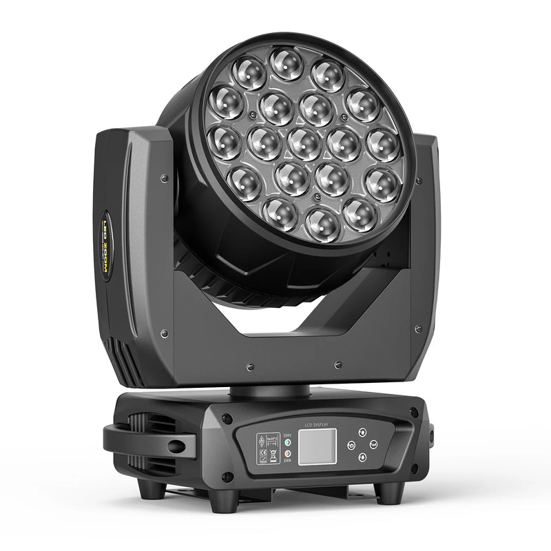 Lyre LED wash 19 x 15 W RGBW, zoom 10° à 55°, DMX 16 ou 24 canaux