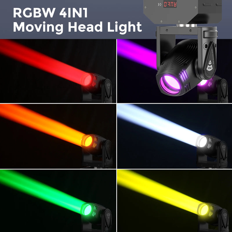 Mini lyre LED RGBW 10 W – faisceaux colorés rouge, violet, orange, blanc, vert et jaune