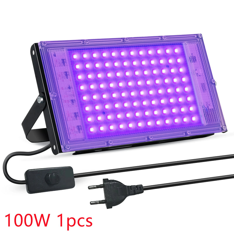 Projecteur lumière noire UV – modèle 100 W à boîtier noir avec câble et interrupteur