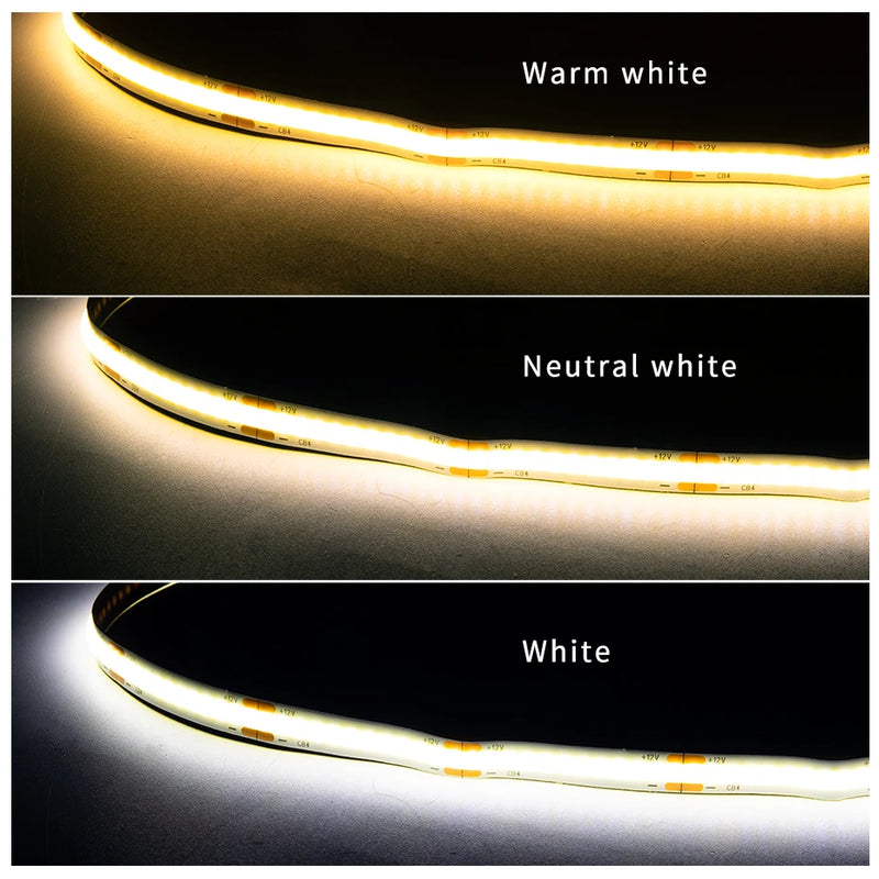 Ruban LED COB 24 V tactile – blanc chaud et blanc neutre en gros plan